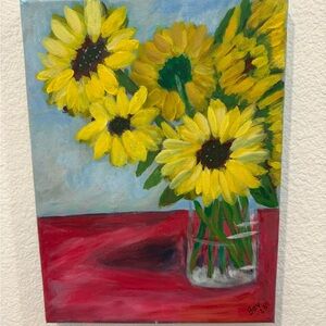 Sunflower Canvas Art with Red and Yellow Accents